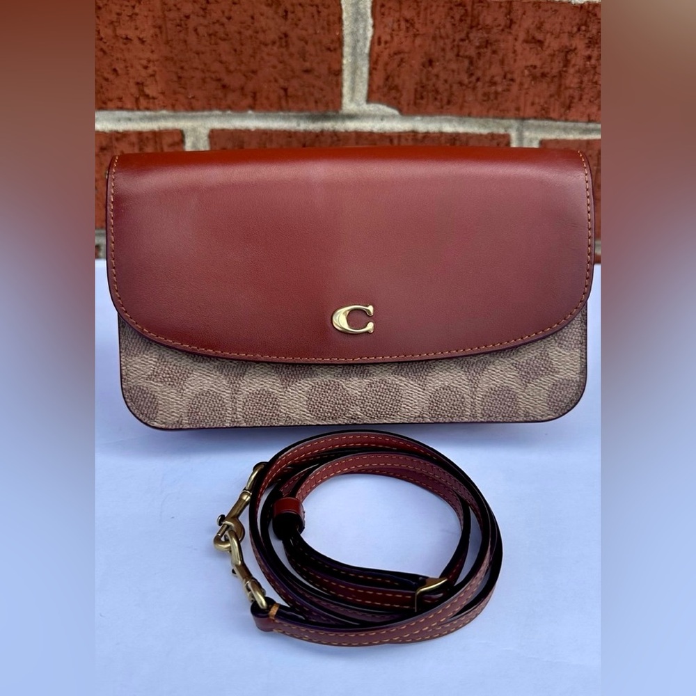 Coach Crossbody Handbag Leather Canvas With Signature Logo Brown Tan